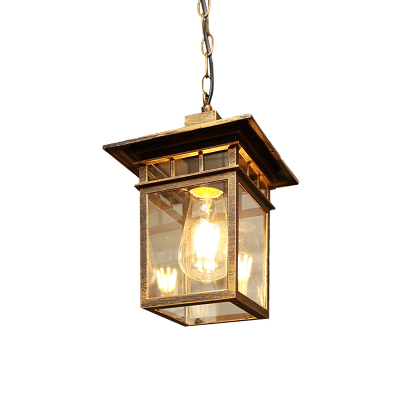 1 Head Lantern Pendant Light Farmhouse Brass/Black Finish Clear Glass Ceiling Hang Fixture for Passage Clearhalo 'Ceiling Lights' 'Glass shade' 'Glass' 'Pendant Lights' 'Pendants' Lighting' 615563