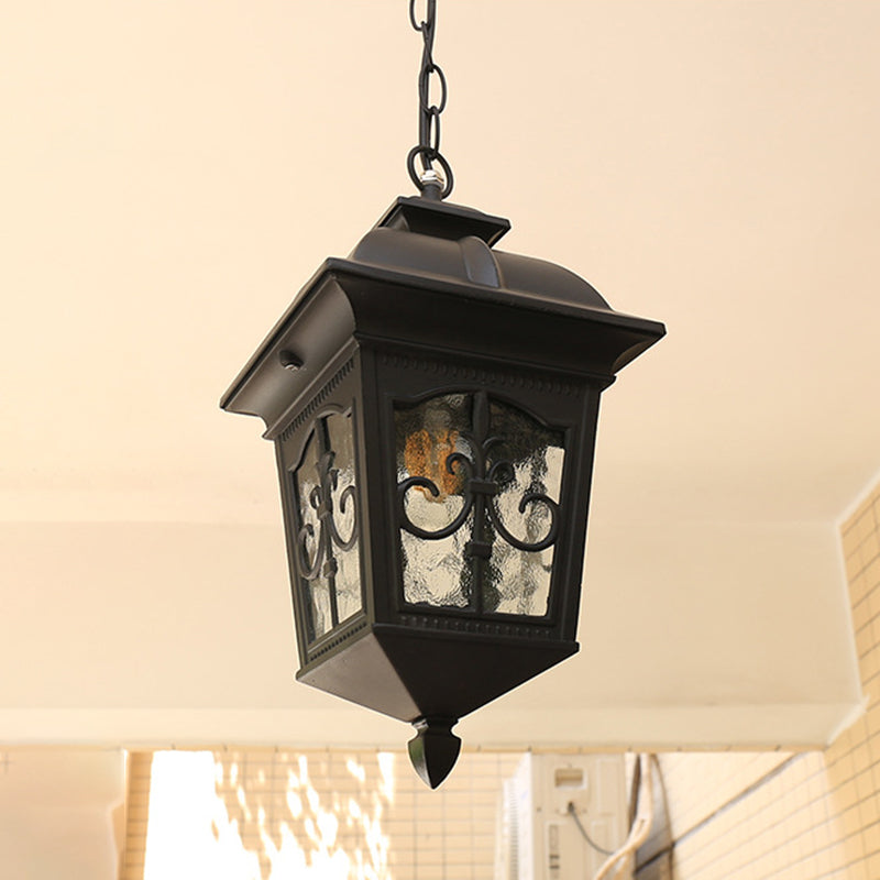 Metallic Lantern Hanging Light Lodges 1 Bulb Balcony Pendant Lamp in Black/Gold with Water Glass Shade Clearhalo 'Ceiling Lights' 'Glass shade' 'Glass' 'Pendant Lights' 'Pendants' Lighting' 615565