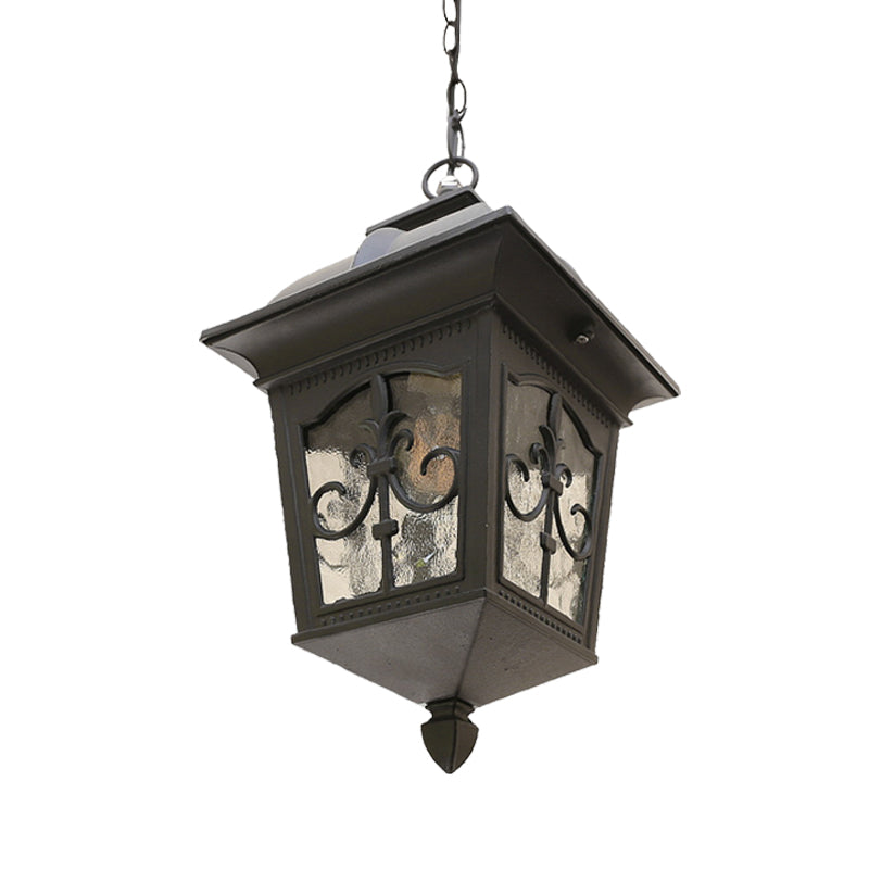 Metallic Lantern Hanging Light Lodges 1 Bulb Balcony Pendant Lamp in Black/Gold with Water Glass Shade Clearhalo 'Ceiling Lights' 'Glass shade' 'Glass' 'Pendant Lights' 'Pendants' Lighting' 615566