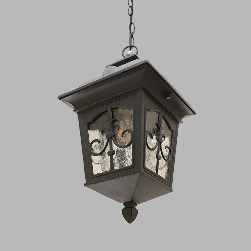 Metallic Lantern Hanging Light Lodges 1 Bulb Balcony Pendant Lamp in Black/Gold with Water Glass Shade Clearhalo 'Ceiling Lights' 'Glass shade' 'Glass' 'Pendant Lights' 'Pendants' Lighting' 615567