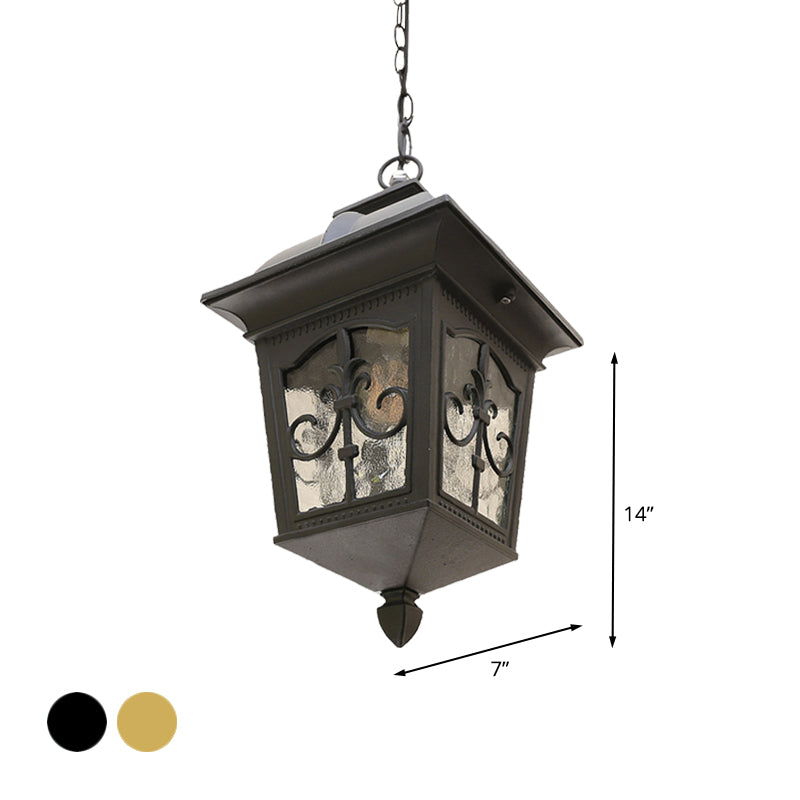 Metallic Lantern Hanging Light Lodges 1 Bulb Balcony Pendant Lamp in Black/Gold with Water Glass Shade Clearhalo 'Ceiling Lights' 'Glass shade' 'Glass' 'Pendant Lights' 'Pendants' Lighting' 615568