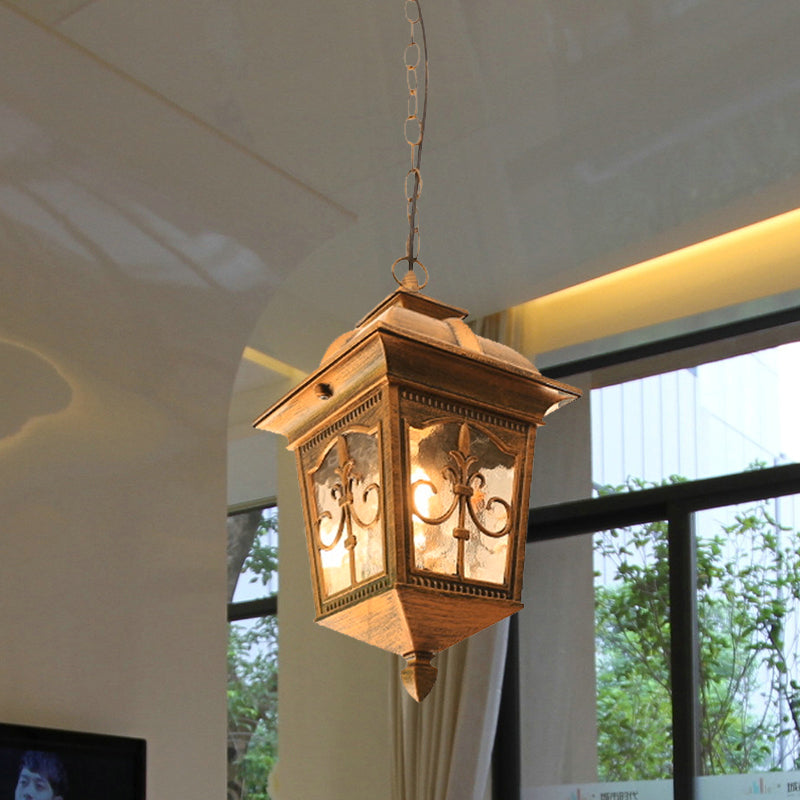 Metallic Lantern Hanging Light Lodges 1 Bulb Balcony Pendant Lamp in Black/Gold with Water Glass Shade Clearhalo 'Ceiling Lights' 'Glass shade' 'Glass' 'Pendant Lights' 'Pendants' Lighting' 615570