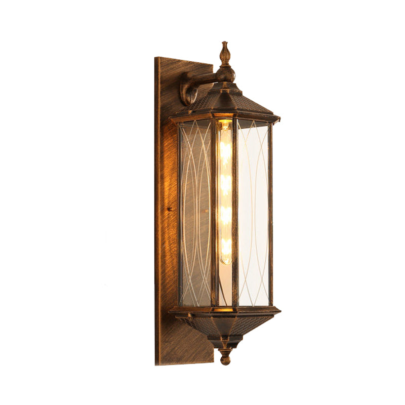 Coffee/Bronze 1-Head Sconce Light Fixture Farmhouse Clear Textured Glass Rectangular Wall Lamp Clearhalo 'Wall Lamps & Sconces' 'Wall Lights' Lighting' 615674