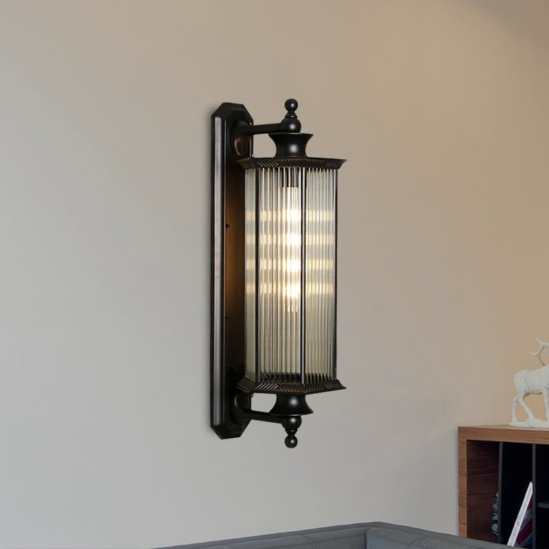 Hexagon Outdoor Wall Sconce Lodges Clear Ribbed Glass 1 Light Black Wall Mount Lamp Fixture Black Clearhalo 'Wall Lamps & Sconces' 'Wall Lights' Lighting' 615675