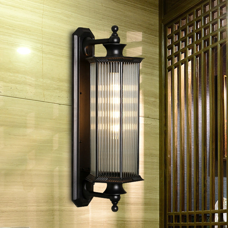 Hexagon Outdoor Wall Sconce Lodges Clear Ribbed Glass 1 Light Black Wall Mount Lamp Fixture Clearhalo 'Wall Lamps & Sconces' 'Wall Lights' Lighting' 615676