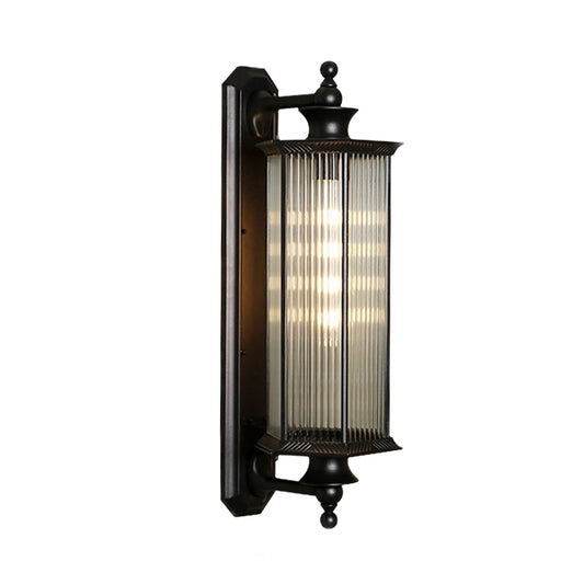 Hexagon Outdoor Wall Sconce Lodges Clear Ribbed Glass 1 Light Black Wall Mount Lamp Fixture Clearhalo 'Wall Lamps & Sconces' 'Wall Lights' Lighting' 615677