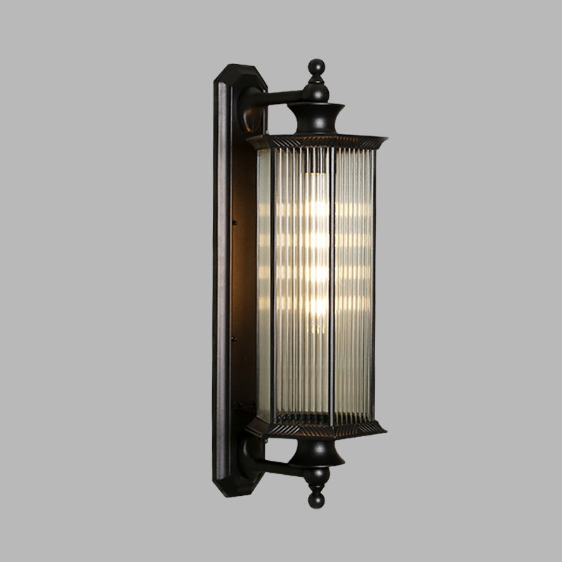 Hexagon Outdoor Wall Sconce Lodges Clear Ribbed Glass 1 Light Black Wall Mount Lamp Fixture Clearhalo 'Wall Lamps & Sconces' 'Wall Lights' Lighting' 615678