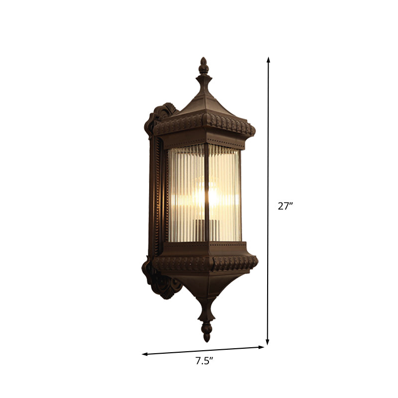 Country Cuboid Wall Mounted Light 1-Bulb Clear Ribbed Glass Outdoor Wall Light Sconce in Coffee Clearhalo 'Wall Lamps & Sconces' 'Wall Lights' Lighting' 615684