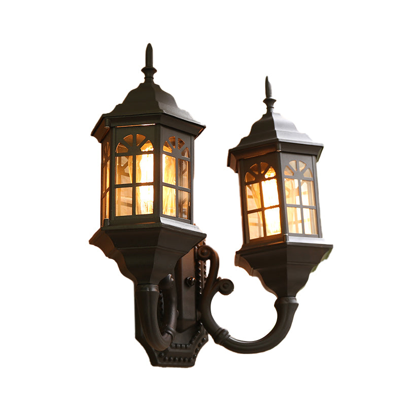 Lodges Castle Sconce Light Fixture 2 Lights Aluminum Wall Mount Lamp in Black/Brass with Double Curved Arm Clearhalo 'Wall Lamps & Sconces' 'Wall Lights' Lighting' 615700