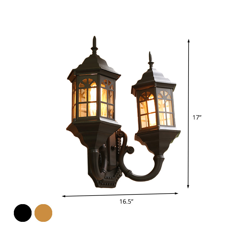 Lodges Castle Sconce Light Fixture 2 Lights Aluminum Wall Mount Lamp in Black/Brass with Double Curved Arm Clearhalo 'Wall Lamps & Sconces' 'Wall Lights' Lighting' 615702