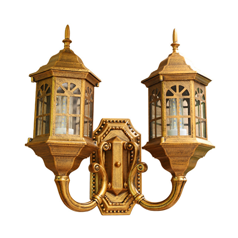 Lodges Castle Sconce Light Fixture 2 Lights Aluminum Wall Mount Lamp in Black/Brass with Double Curved Arm Clearhalo 'Wall Lamps & Sconces' 'Wall Lights' Lighting' 615705