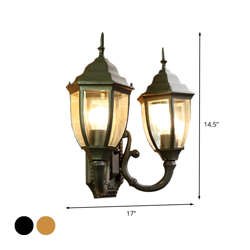 Brass/Black 2 Bulbs Wall Mounted Lighting Farmhouse Clear Glass Acorn Sconce Lamp with Curved Arm Clearhalo 'Wall Lamps & Sconces' 'Wall Lights' Lighting' 615718