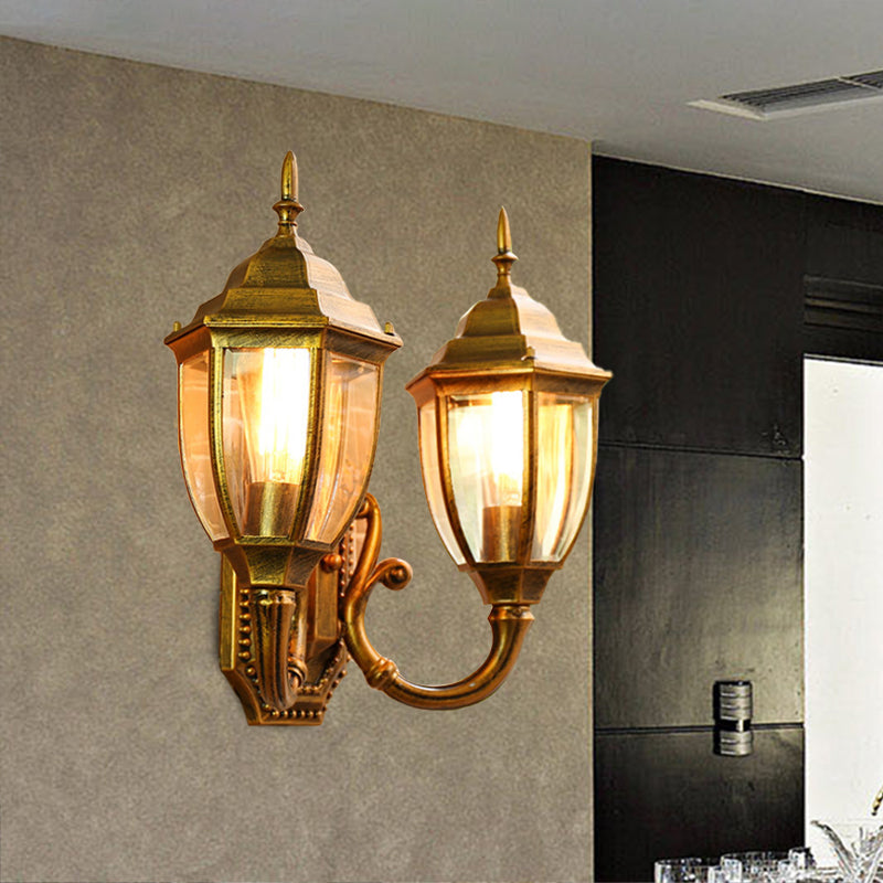 Brass/Black 2 Bulbs Wall Mounted Lighting Farmhouse Clear Glass Acorn Sconce Lamp with Curved Arm Clearhalo 'Wall Lamps & Sconces' 'Wall Lights' Lighting' 615720