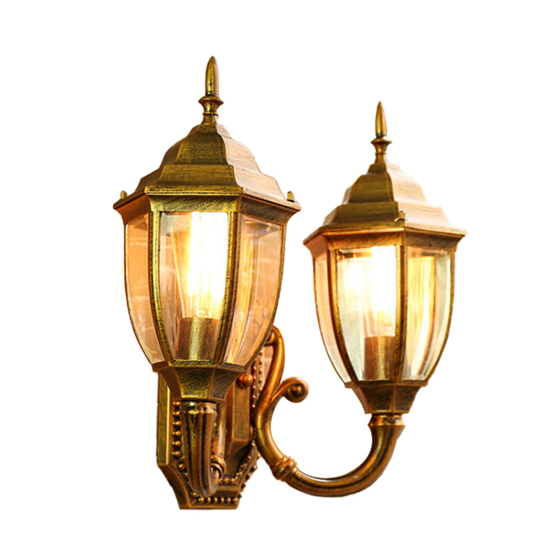 Brass/Black 2 Bulbs Wall Mounted Lighting Farmhouse Clear Glass Acorn Sconce Lamp with Curved Arm Clearhalo 'Wall Lamps & Sconces' 'Wall Lights' Lighting' 615721