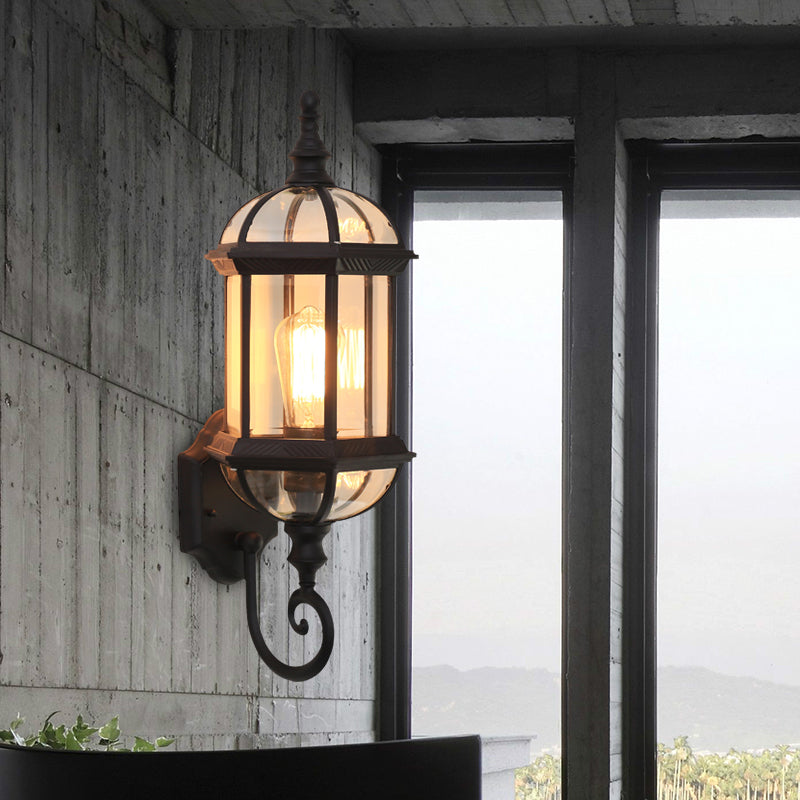 Clear Glass Birdcage Wall Sconce Country 1 Bulb Outdoor Wall Mounted Light in Black/Brass with Twisted Arm Black Clearhalo 'Wall Lamps & Sconces' 'Wall Lights' Lighting' 615764