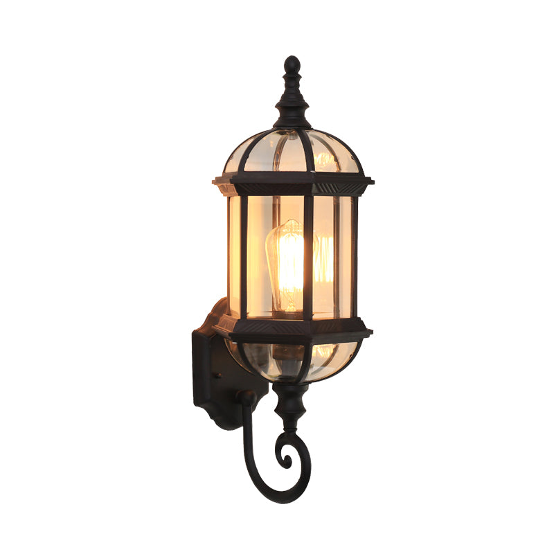 Clear Glass Birdcage Wall Sconce Country 1 Bulb Outdoor Wall Mounted Light in Black/Brass with Twisted Arm Clearhalo 'Wall Lamps & Sconces' 'Wall Lights' Lighting' 615766