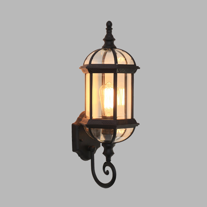 Clear Glass Birdcage Wall Sconce Country 1 Bulb Outdoor Wall Mounted Light in Black/Brass with Twisted Arm Clearhalo 'Wall Lamps & Sconces' 'Wall Lights' Lighting' 615767