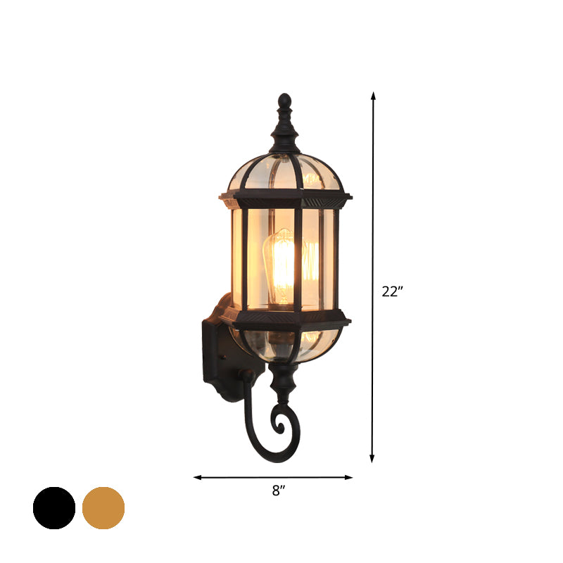 Clear Glass Birdcage Wall Sconce Country 1 Bulb Outdoor Wall Mounted Light in Black/Brass with Twisted Arm Clearhalo 'Wall Lamps & Sconces' 'Wall Lights' Lighting' 615768