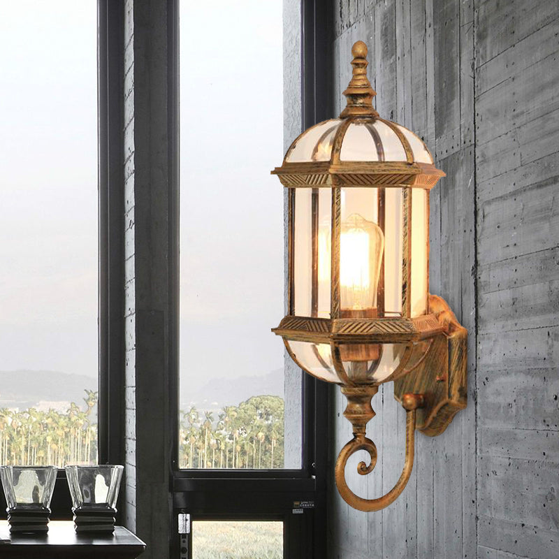 Clear Glass Birdcage Wall Sconce Country 1 Bulb Outdoor Wall Mounted Light in Black/Brass with Twisted Arm Brass Clearhalo 'Wall Lamps & Sconces' 'Wall Lights' Lighting' 615769