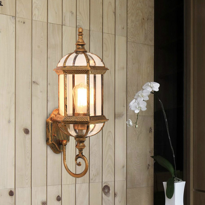 Clear Glass Birdcage Wall Sconce Country 1 Bulb Outdoor Wall Mounted Light in Black/Brass with Twisted Arm Clearhalo 'Wall Lamps & Sconces' 'Wall Lights' Lighting' 615770