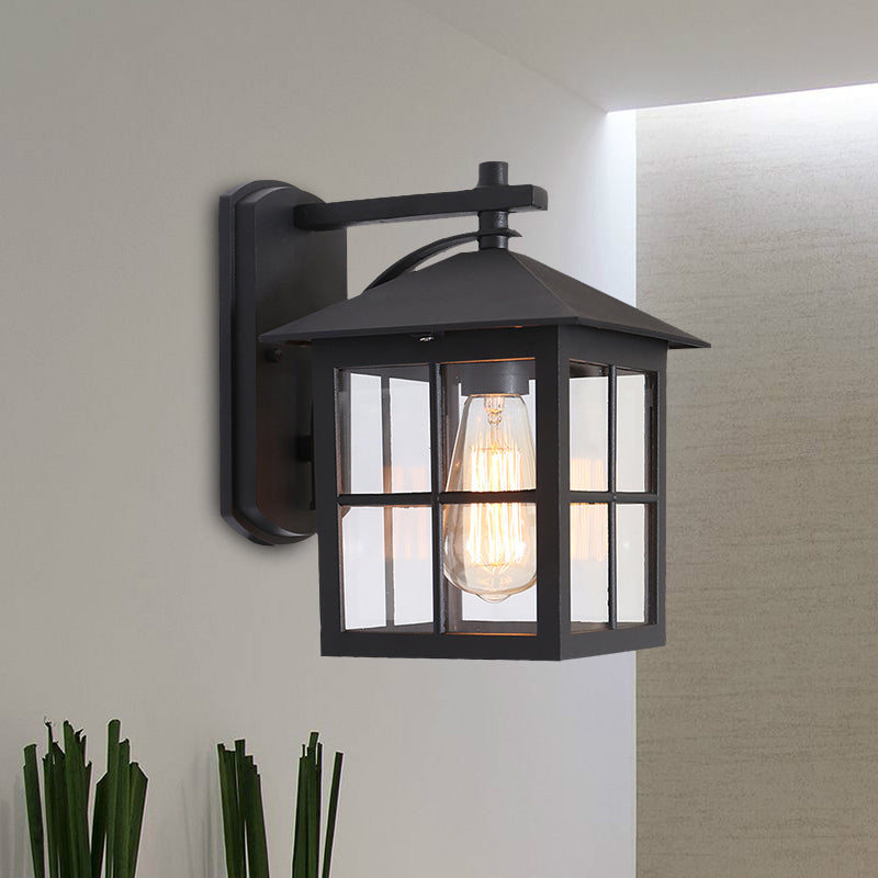 Black 1 Head Wall Sconce Light Lodges Clear Glass Cuboid Wall Lamp Fixture for Outdoor Black Clearhalo 'Wall Lamps & Sconces' 'Wall Lights' Lighting' 615772