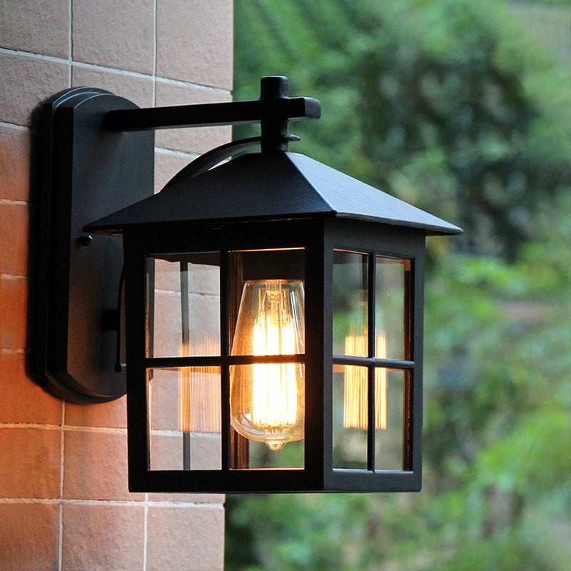 Black 1 Head Wall Sconce Light Lodges Clear Glass Cuboid Wall Lamp Fixture for Outdoor Clearhalo 'Wall Lamps & Sconces' 'Wall Lights' Lighting' 615773