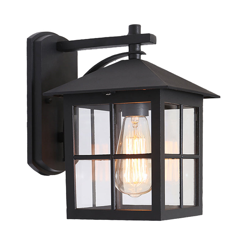 Black 1 Head Wall Sconce Light Lodges Clear Glass Cuboid Wall Lamp Fixture for Outdoor Clearhalo 'Wall Lamps & Sconces' 'Wall Lights' Lighting' 615774