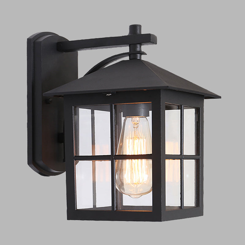 Black 1 Head Wall Sconce Light Lodges Clear Glass Cuboid Wall Lamp Fixture for Outdoor Clearhalo 'Wall Lamps & Sconces' 'Wall Lights' Lighting' 615775