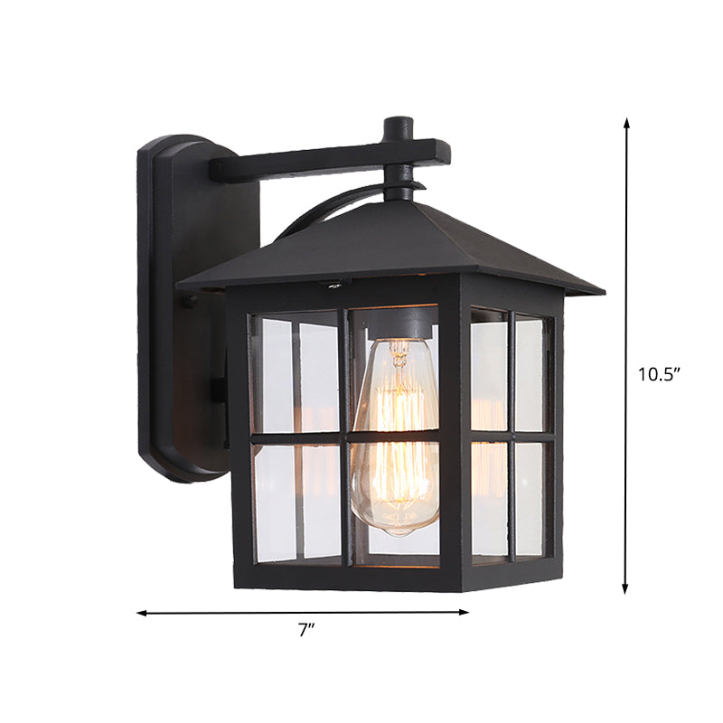 Black 1 Head Wall Sconce Light Lodges Clear Glass Cuboid Wall Lamp Fixture for Outdoor Clearhalo 'Wall Lamps & Sconces' 'Wall Lights' Lighting' 615776