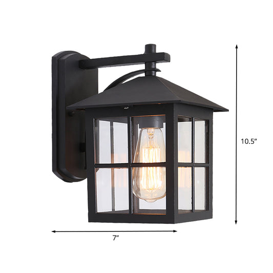 Black 1 Head Wall Sconce Light Lodges Clear Glass Cuboid Wall Lamp Fixture for Outdoor Clearhalo 'Wall Lamps & Sconces' 'Wall Lights' Lighting' 615776