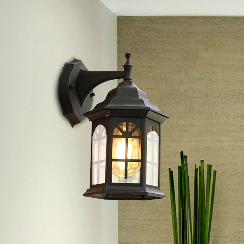 1-Head Castle Sconce Lighting Country White/Black/Brass Aluminum Wall Mounted Lamp with Clear Glass Shade Black Clearhalo 'Wall Lamps & Sconces' 'Wall Lights' Lighting' 615777