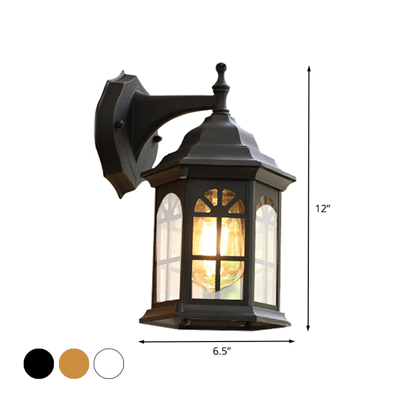 1-Head Castle Sconce Lighting Country White/Black/Brass Aluminum Wall Mounted Lamp with Clear Glass Shade Clearhalo 'Wall Lamps & Sconces' 'Wall Lights' Lighting' 615781