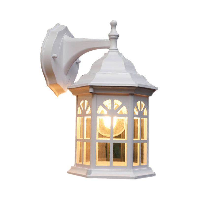 1-Head Castle Sconce Lighting Country White/Black/Brass Aluminum Wall Mounted Lamp with Clear Glass Shade Clearhalo 'Wall Lamps & Sconces' 'Wall Lights' Lighting' 615787