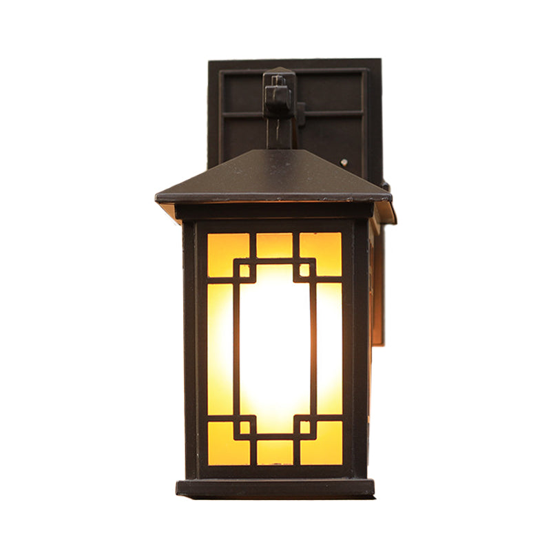 Cuboid Metallic Wall Lighting Country 1 Bulb Outdoor Wall Lamp Sconce in Black with Yellow Glass Shade Clearhalo 'Wall Lamps & Sconces' 'Wall Lights' Lighting' 615790