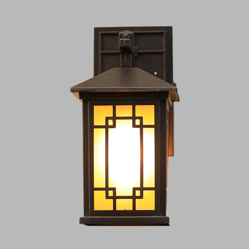 Cuboid Metallic Wall Lighting Country 1 Bulb Outdoor Wall Lamp Sconce in Black with Yellow Glass Shade Clearhalo 'Wall Lamps & Sconces' 'Wall Lights' Lighting' 615791