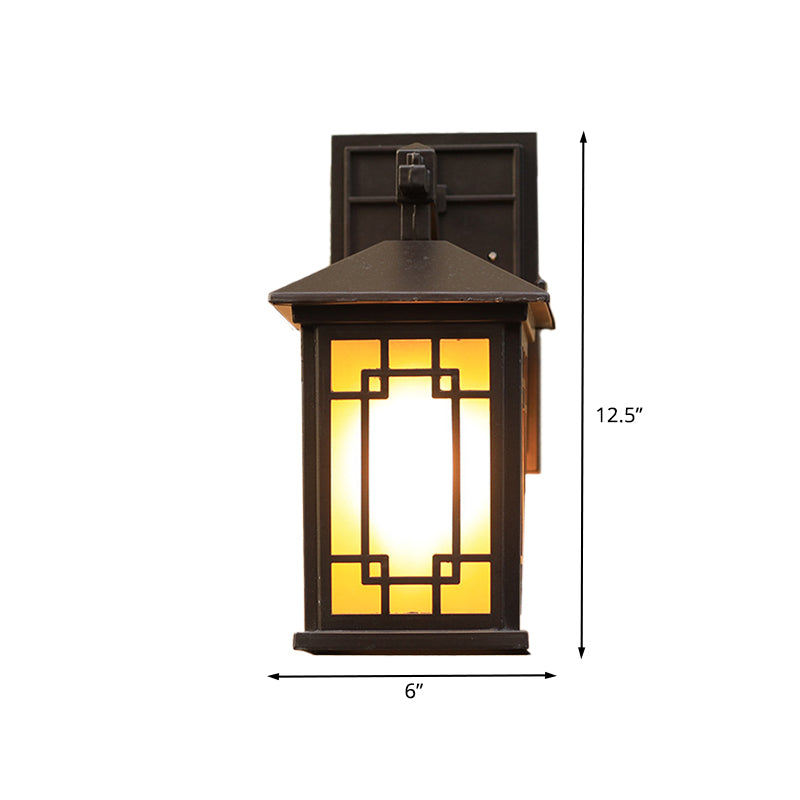 Cuboid Metallic Wall Lighting Country 1 Bulb Outdoor Wall Lamp Sconce in Black with Yellow Glass Shade Clearhalo 'Wall Lamps & Sconces' 'Wall Lights' Lighting' 615792