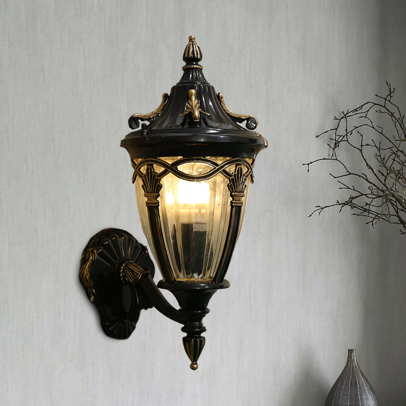 1 Bulb Urn Wall Sconce Light Loft Brass/Black Metal Wall Lamp Fixture with Clear Ribbed Glass Shade Black Clearhalo 'Wall Lamps & Sconces' 'Wall Lights' Lighting' 615801