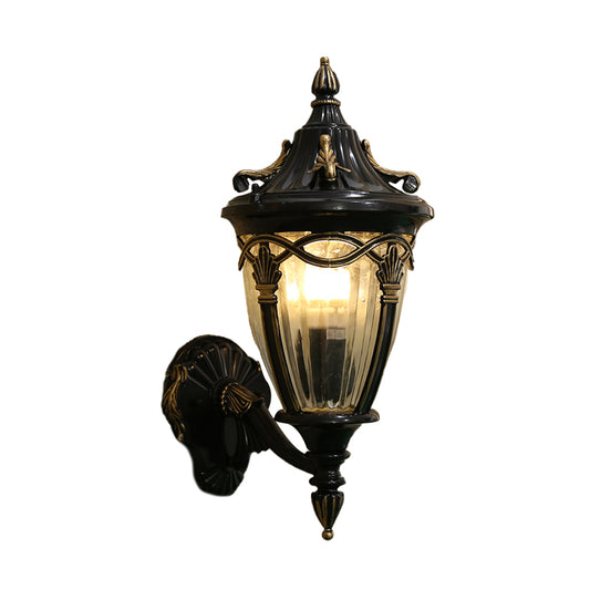 1 Bulb Urn Wall Sconce Light Loft Brass/Black Metal Wall Lamp Fixture with Clear Ribbed Glass Shade Clearhalo 'Wall Lamps & Sconces' 'Wall Lights' Lighting' 615803