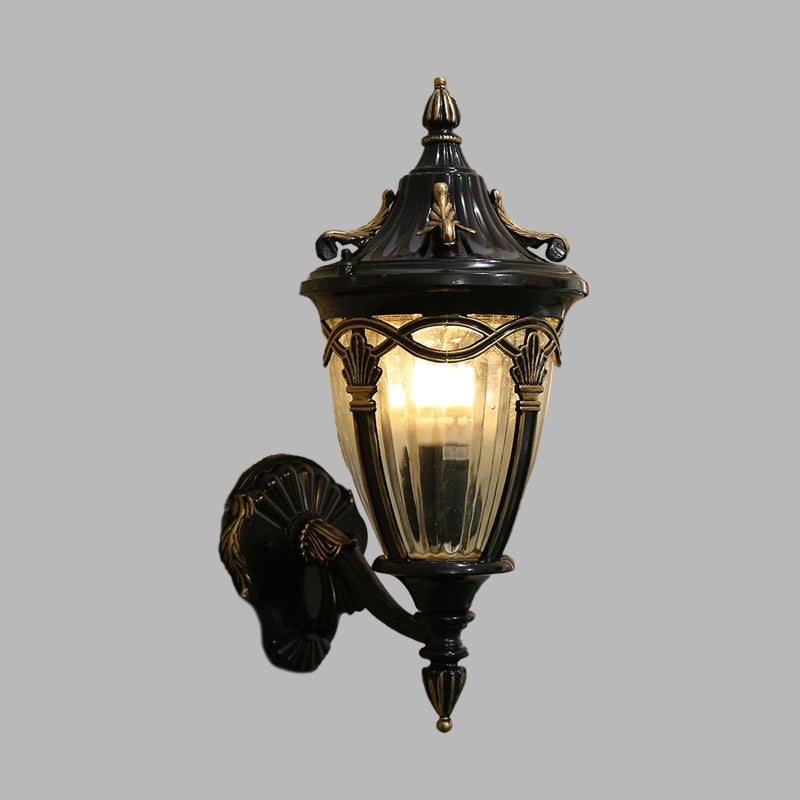 1 Bulb Urn Wall Sconce Light Loft Brass/Black Metal Wall Lamp Fixture with Clear Ribbed Glass Shade Clearhalo 'Wall Lamps & Sconces' 'Wall Lights' Lighting' 615804