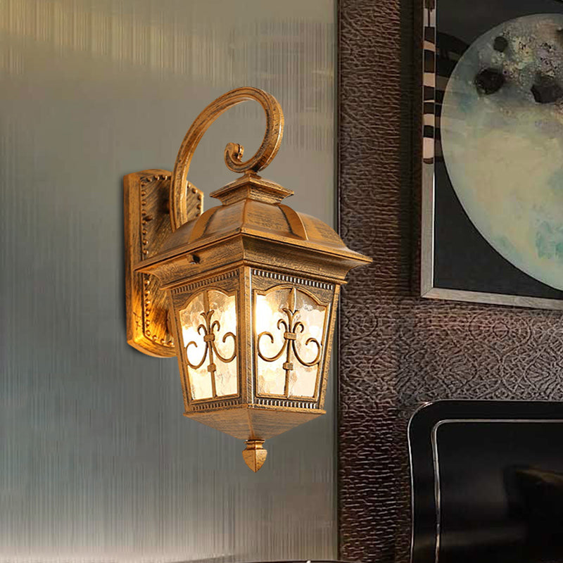 1 Head Wall Light Sconce Lodges Lantern Aluminum Wall Lamp Fixture in Black/Brass with Water Glass Shade Clearhalo 'Wall Lamps & Sconces' 'Wall Lights' Lighting' 615837