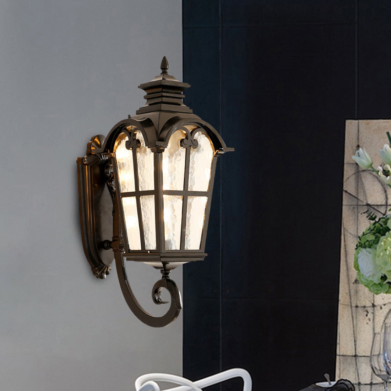 Farmhouse Lantern Sconce Lamp 1-Light Metallic Wall Light Fixture in Black/Brass with Water Glass Shade Black Clearhalo 'Wall Lamps & Sconces' 'Wall Lights' Lighting' 615859