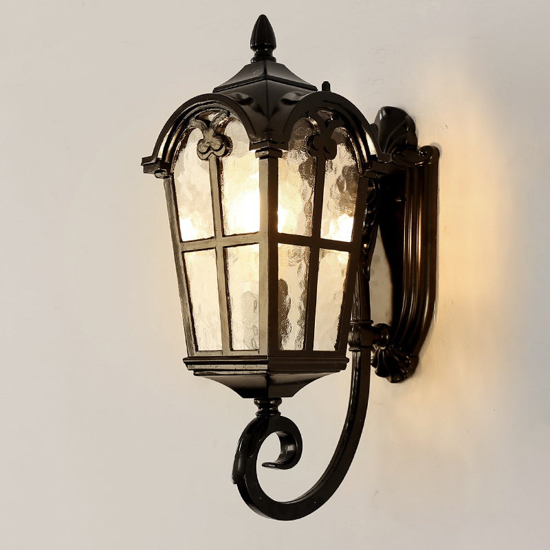 Farmhouse Lantern Sconce Lamp 1-Light Metallic Wall Light Fixture in Black/Brass with Water Glass Shade Clearhalo 'Wall Lamps & Sconces' 'Wall Lights' Lighting' 615860