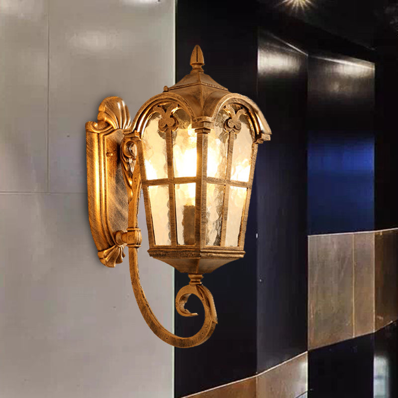 Farmhouse Lantern Sconce Lamp 1-Light Metallic Wall Light Fixture in Black/Brass with Water Glass Shade Brass Clearhalo 'Wall Lamps & Sconces' 'Wall Lights' Lighting' 615864