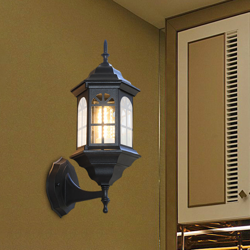 Castle Shape Aluminum Wall Lighting Countryside 1-Bulb Outdoor Wall Lamp Sconce in White/Black/Brass Black Clearhalo 'Wall Lamps & Sconces' 'Wall Lights' Lighting' 615867