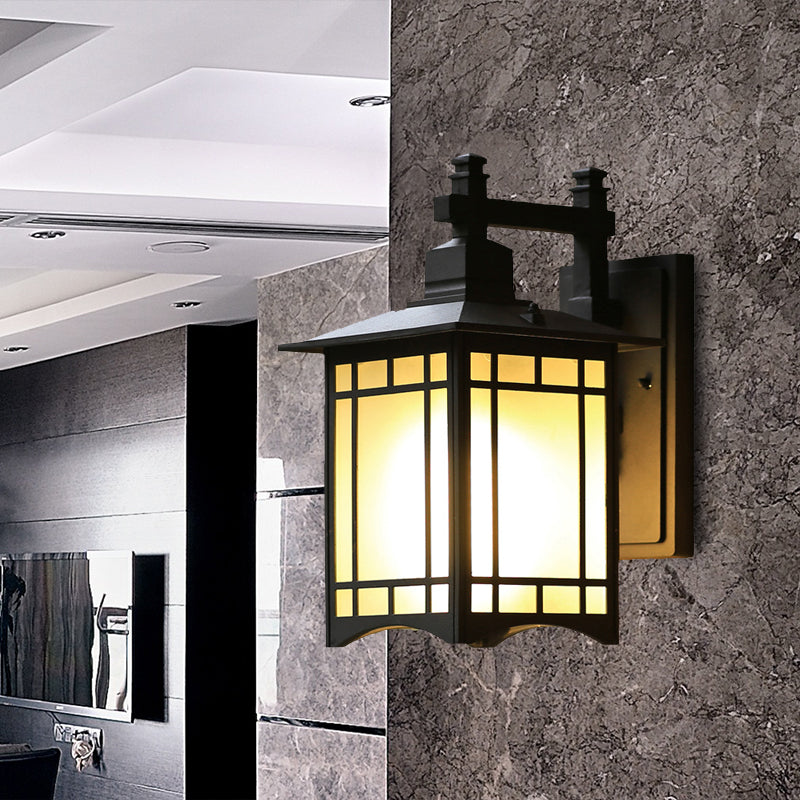 Black Tokyo Pavilion Sconce Light Fixture Rustic Milk Frosted Glass 1-Head Outdoor Wall Mount Lamp Black Clearhalo 'Wall Lamps & Sconces' 'Wall Lights' Lighting' 615980