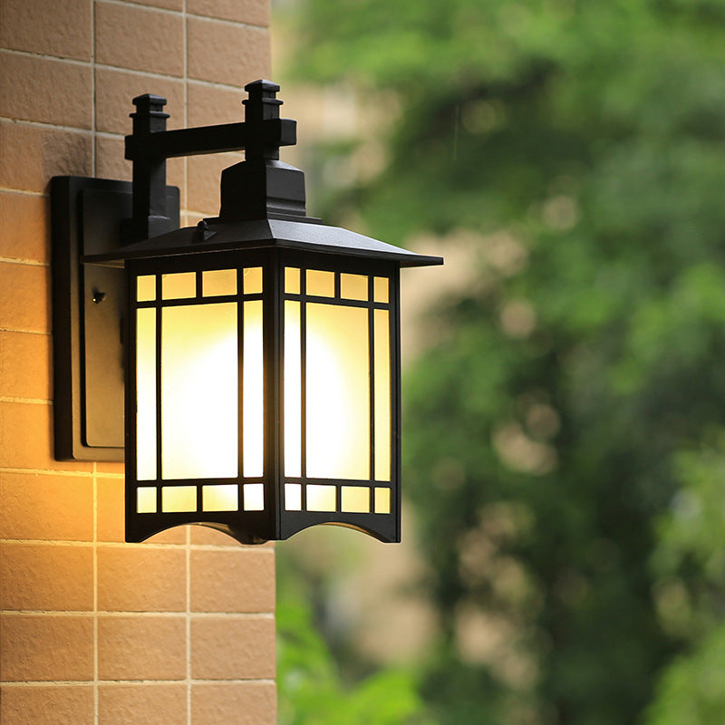 Black Tokyo Pavilion Sconce Light Fixture Rustic Milk Frosted Glass 1-Head Outdoor Wall Mount Lamp Clearhalo 'Wall Lamps & Sconces' 'Wall Lights' Lighting' 615981