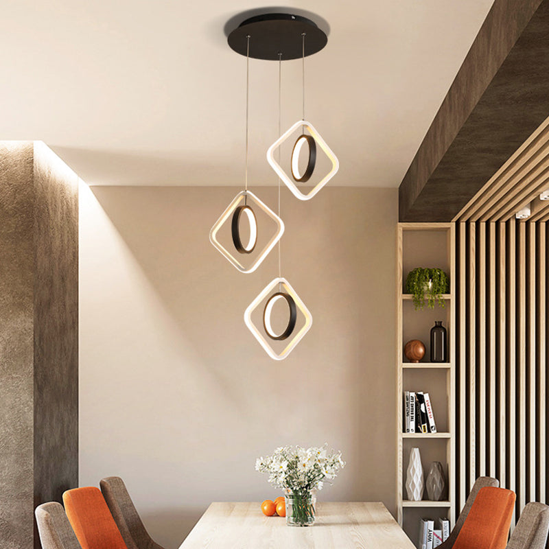 Modern Ring and Square Ceiling Light Acrylic Dining Room LED Multi Lamp Pendant in Black, White/Warm Light Black Clearhalo 'Ceiling Lights' 'Modern Pendants' 'Modern' 'Pendant Lights' 'Pendants' Lighting' 615995