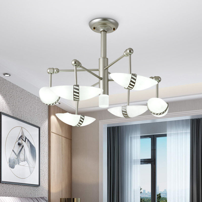 Contemporary Starburst Pendant Metal 6 Lights Bedroom Chandelier in Nickel with Sushi Shape Opal Glass Shade Clearhalo 'Ceiling Lights' 'Chandeliers' 'Modern Chandeliers' 'Modern' Lighting' 616020
