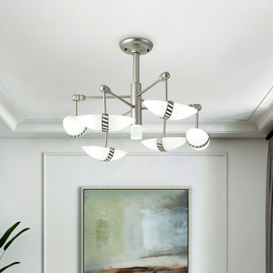 Contemporary Starburst Pendant Metal 6 Lights Bedroom Chandelier in Nickel with Sushi Shape Opal Glass Shade Clearhalo 'Ceiling Lights' 'Chandeliers' 'Modern Chandeliers' 'Modern' Lighting' 616021