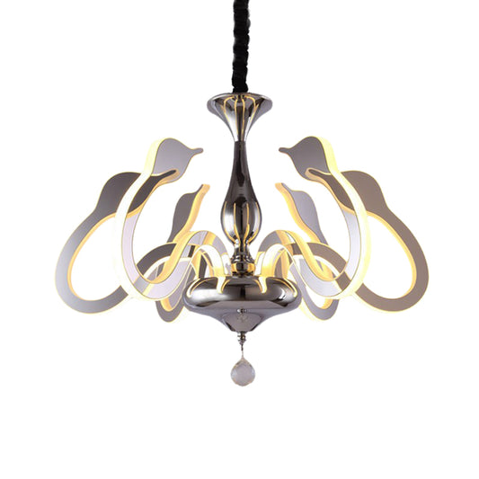 Swan Head Acrylic Chandelier Modernism 6 Bulbs Chrome Hanging Lamp in White/Warm/Natural Light with Crystal Drop Clearhalo 'Ceiling Lights' 'Chandeliers' 'Modern Chandeliers' 'Modern' Lighting' 616026